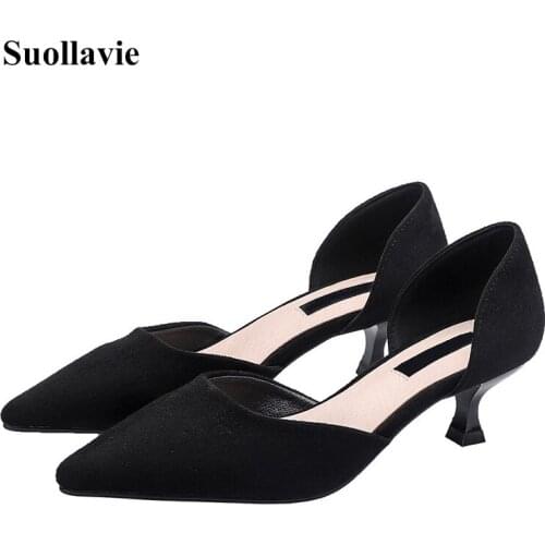 Suollavie sandals for women leisure low heel women shoes Fashion black solid sandals women pointed toe ladies shoes female pumps