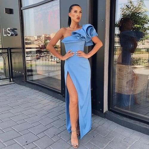 Blue Floor length Party Gowns Mermaid / Trumpet One-shoulder Evening Dresses Sleeveless Front/Side Slit Layered Party Dresses
