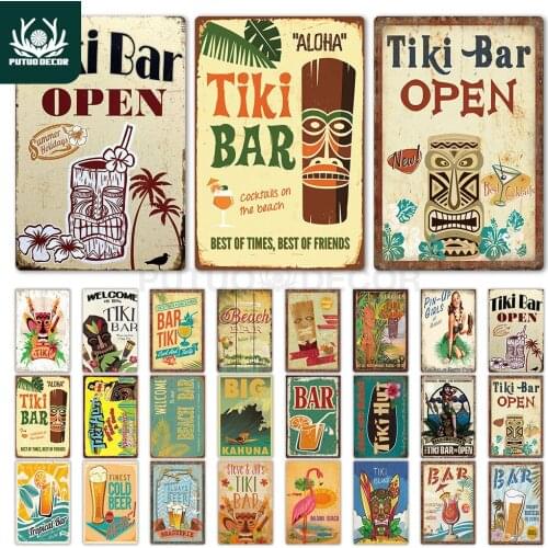 Tiki Bar Wall Decor Metal Sign Plaque Metal Summer Tiki Sign Metal Plate for Tiki Bar Beach Bar Decorative Iron Painting