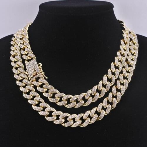 Heavy mens hip hop miami cuban link chain iced out bling rapper curb rhinestone golden necklace 13mm punk dancer gift jewelry