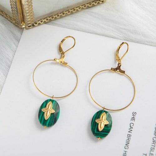 Bohemian Green Natural Stone Dangle Earrings For Women Stainless Steel Round Circle Long Tassel Earrings Handmade Jewelry Gift