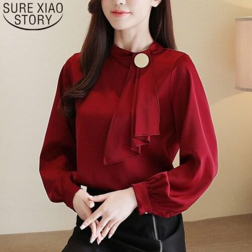 2020 New Spring Korean Edition Long-sleeved Women Blouse Stand Collar Pullover Satin Bow Chiffon Shirt Tops Blusas Mujer 8067 50