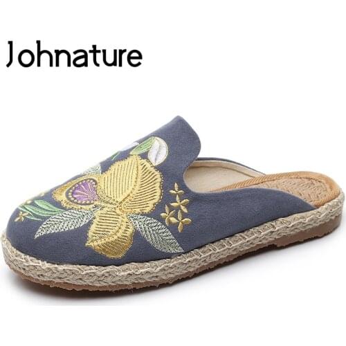 Johnature Canvas Shoes Floral New Summer Outside Embroider Flat With Slides Totem National Style Slippers Women Shoes Sandals