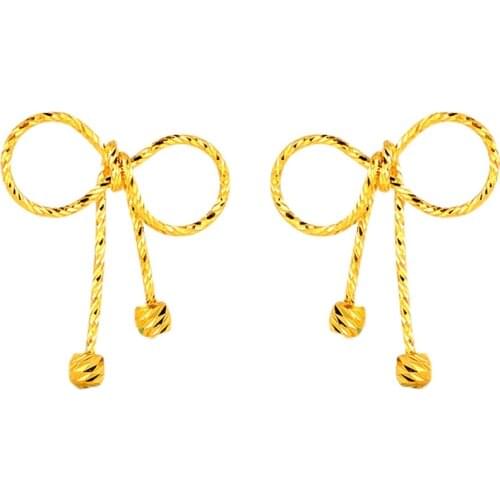 Pure 24K Yellow Gold Earrings Women 999 Gold Bowknot Stud Earrings