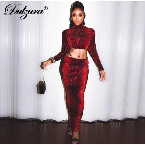 Dulzura women 2 piece set snake print crop top midi skirt bodycon sexy co ord festival clothing party outfit 2019 autumn winter