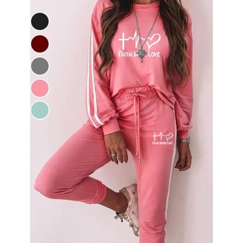 Two Piece Set Spring Autumn Tracksuit Womens Striped Loose Print Sweatshirt+Pants Suit Sportswear Outfits Female Clothing 2021