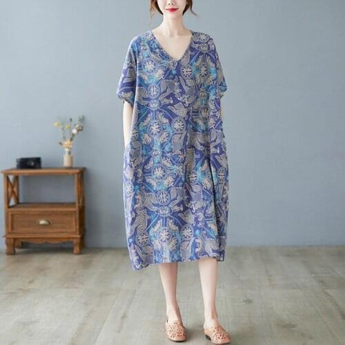 Oversized Women Cotton Linen Casual Dress New Arrival 2021 Vintage Style V-neck Print Loose Comfortable Female Long Dresses B484