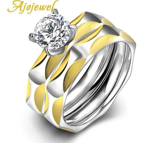 Ajojewel 8MM Womens Stainless Steel Ring Bridal Sets Designer Cubic Zirconia Engagement Rings Wholesale