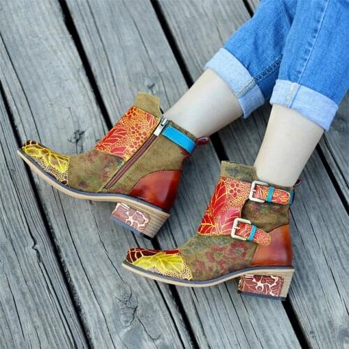 Vintage Handmade Print High Heels Ladies Shoes Cowboy Western Boots Plus Size 27.5cm Genuine Leather Ankle Bots For Woman Shoes
