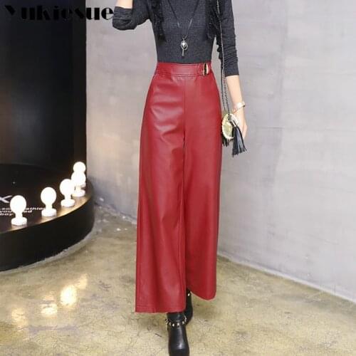 Wide leg pants capirs women 2017 winter warm PU leather pants female trousers OL office formal casual pants woman Plus size