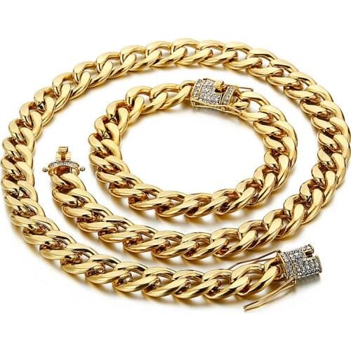 15mm Wide New Arrive Gold Tone NK Cuban Link Chain Metal Stainless Steel Necklace Or Bracelet For Mens Womens Jewelry 7-40inch