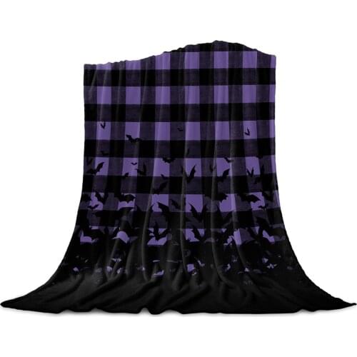Purple Grid Bat Horror Flannel Blanket for Sofa Microfiber Throw Bedspread Blanket Cover for Bed