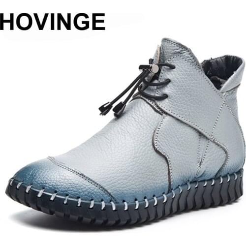 HOVINGE New Women Boots Genuine Leather Fashion Winter Autumn Ankle Boots Female Shoes Lace Up Snow Boot Woman
