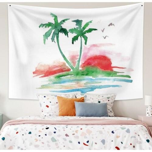 Red Sun and Green Tree Tapestry Vintage Exotic Summer Plant Nature Frame for Bedroom Photography Wall Decor