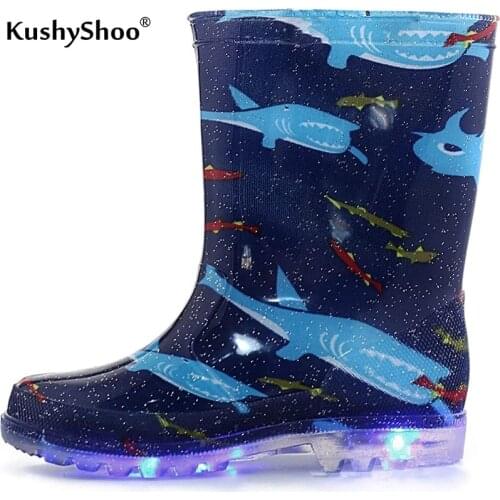 KushyShoo Toddler Boy Rain Boots with Light Kids Shining Shoes Boy PVC Rain Shoes Led Gradient Blue Bling Kids Shoes