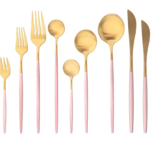 JANKNG Pink Cutlery Set Stainless Steel Silverware Gold Knives Fork Spoon Flatware Cutlery Set Kitchen Tableware Dinnerware Set