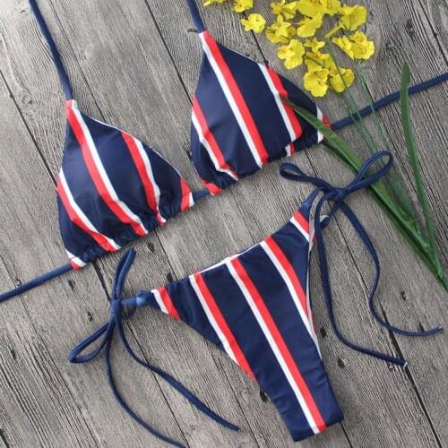 NEW Women Push-up Low Waist Striped Bikini Set Padded Bandage Swimsuit Swimwear Beachwear