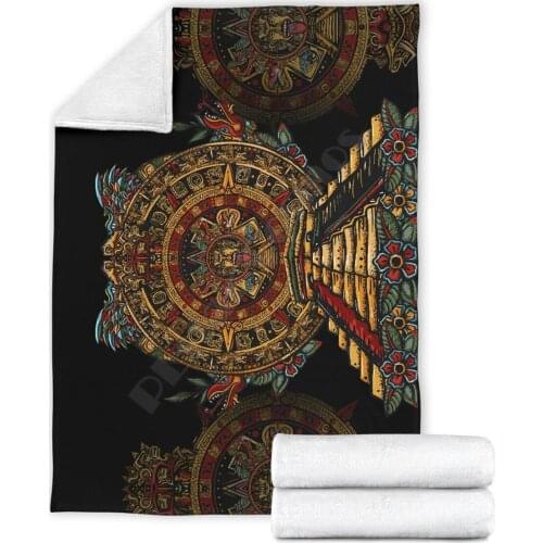 Aztec Sun Stone Tattoo 3D printed Sherpa Blanket on Bed Home Textiles Dreamlike HOME ACCESSORIES Drop shipping