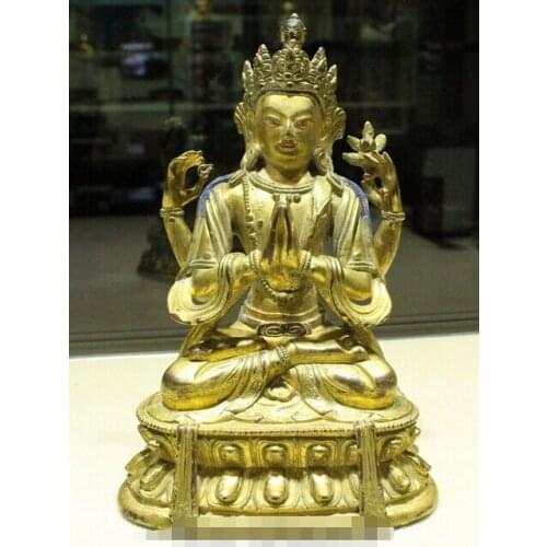 Wholesale factory Tibet Bronze Gilt 24K Gold Buddhism 4 Arms Chenrezig Buddha Guan Yin Goddess AE1024 AB1025
