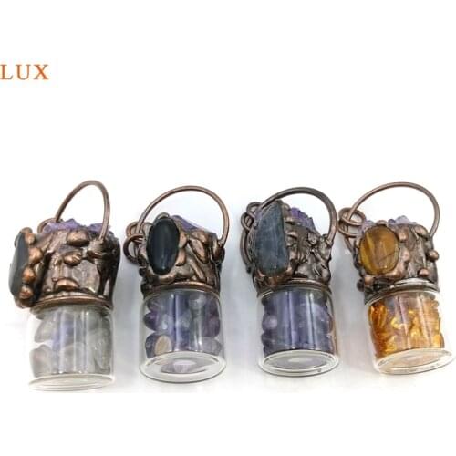 Natural Gemstone Bottle Amethyst Citrine Pendant Copper Plated Tiger Eye Stone Perfume Bottle Essential Oil Aromatherapy Jewelry