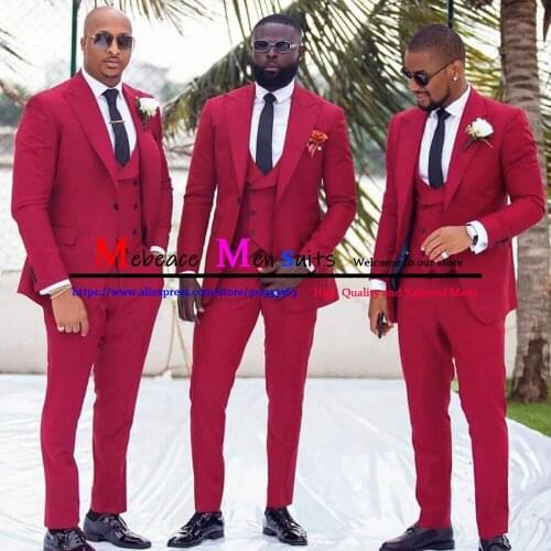 Casual Burgundy Suits for Wedding Groom Tuxedo Prom Party Best Man Outfits Groomsmen Attires 3Piece Fashion Red Peaked Lapel