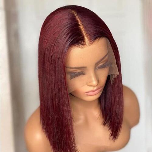 Silky Straight Short Bob Lace Front Wigs Synthetic Hair for Women Glueless Burg Lace Wig with Baby Hair Middle Part 150% Density