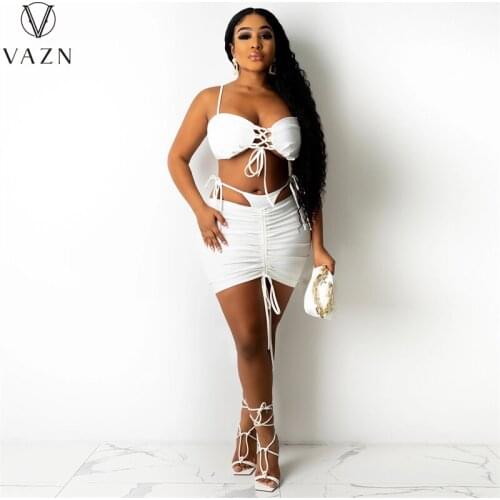 VAZN 2021 INS Special Drawstring Hollow Out Open Beach Young 2 Piece Underwears Group Mini Skirts Skinny Women 3 Piece Set