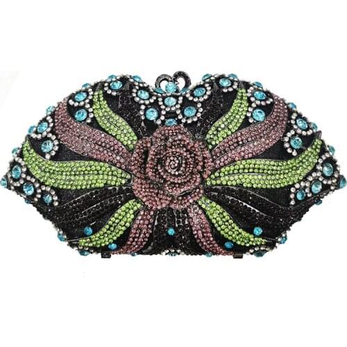 XIYUAN Green/Blue Rhinestone Crystal Clutch Bags Fashion Women’s Chain Flower Black Party Dinner Handbags Chain Prom Purses