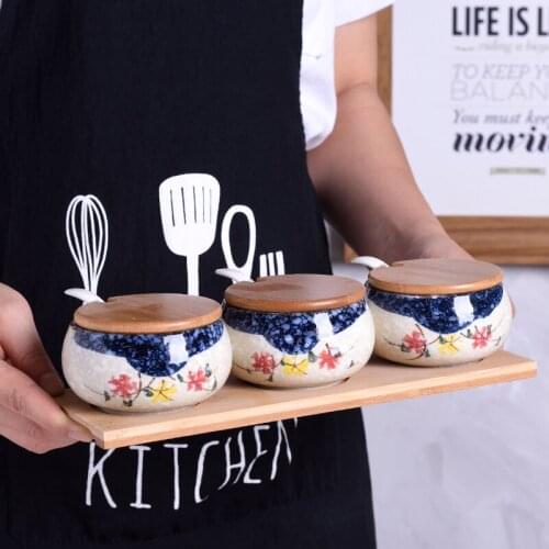 Amber art Japanese ceramic seasoning pot kitchen supplies combination seasoning box with cover and wooden tray oil bottle