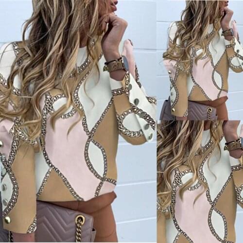 Women Long Sleeve Chains Print Button Blouse Shirts Elegant Leisure Top Sexy V-Neck Basic Shirt