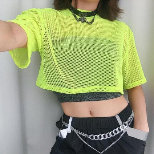 2021 Summer Women Fishnet Loose T-shirt Crop Tops Summer Short Sleeve Mesh See-through Casual Shirts Club Sexy Tee Tops Female