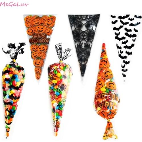 100pcs Halloween Cone Pumpkin Bags Bat Spider Triangle-Shape Candy Bags Halloween Party Kid Gifts Favors Package Pocket Candy