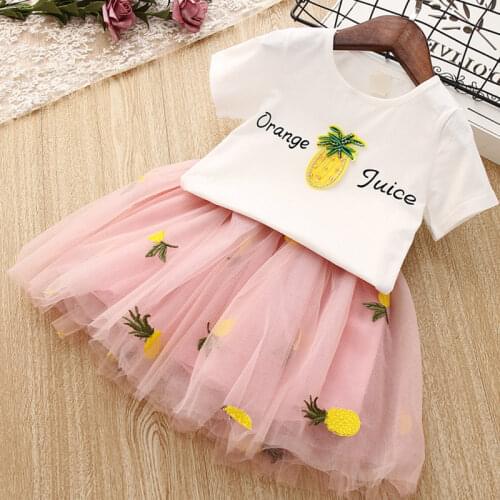 2020 Summer Girls' Clothing Sets Cute Korean T-Shirt +Spell Yarn Pineapple Embroidery Skirt 2PCS Princess Kids Children Clothes