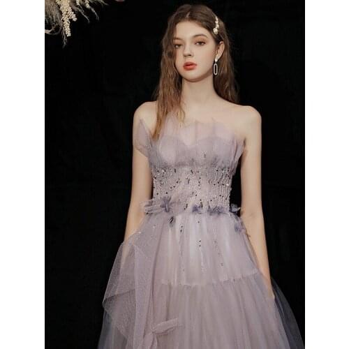 2021 Women Toast Dress Evening Dress Elegant Beading Appliques Wedding Dress Long Tube Top Tulle Party Gown