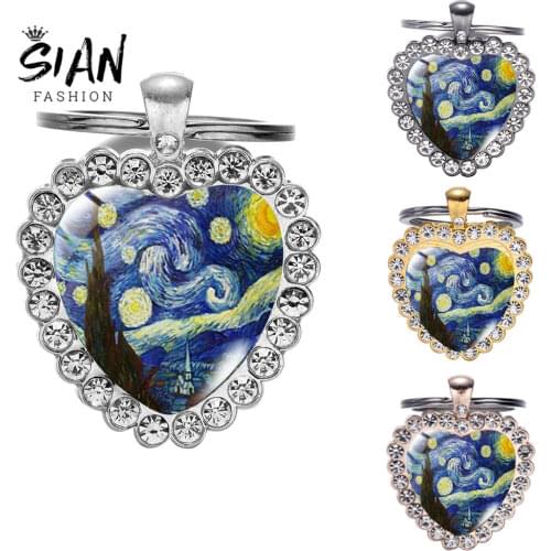 SIAN Exquisite Van Gogh Artist Keychain Starry Night Gustav Klimt The Kiss Painting Heart Drop Keychains Jewelry For Women Gift