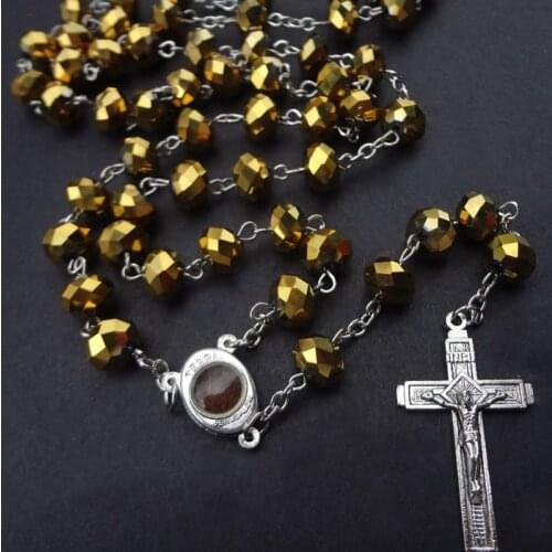 QIGO Big Crystal Cross Rosary Necklace Long Religious Jewelry
