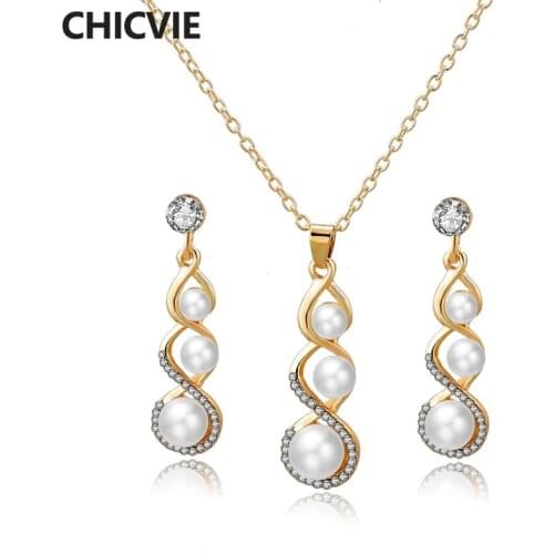 CHICVIE Fashion Pearl Necklaces Earrings Sets Wedding Crystal Jewelry Set For Gold Women Necklace Earrings Jewelry Set SET190007