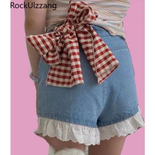 Japanese Korean Teenager Student Girl Cute Women Lolita Plaid Bow Patchwork Lace Ruffle Hem Denim Short Jeans Kawaii Summer Sexy