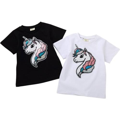 Casual cotton kids boys girls t shirt tops tees summer short sleeve cartoon unicorn sequin t-shirt white black children clothes
