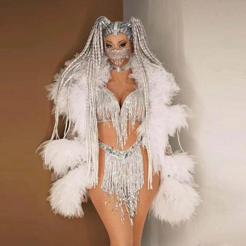 Three-piece Set Party Outfit Nightclub Dance Costume Singer Dancer Stage Wear Silver Sequins Tassel Bikini Mesh Fringe Coat