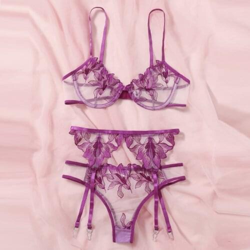 3 Pieces Set Women Sexy Embroidery Sensual Lingerie Underwear Lace Erotic Bra Garters and Brief Set Transparent Exotic Underwear