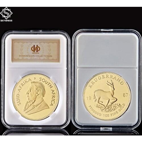 1967 Year South Africa 1OZ Fine Gold Plated Krugerrand Replica Token Coin W/ Display Acrylic Capsule