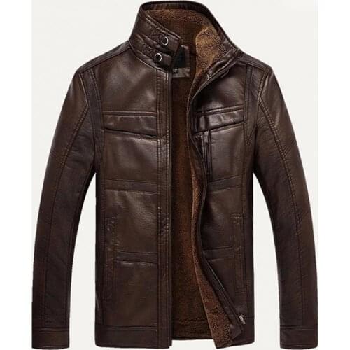 Men Faux Leather Fleece Lined Jacket Long Sleeve Stand Collar Zip Warm Short Coat Zipper Closure Warm Keeping Male Outerwear