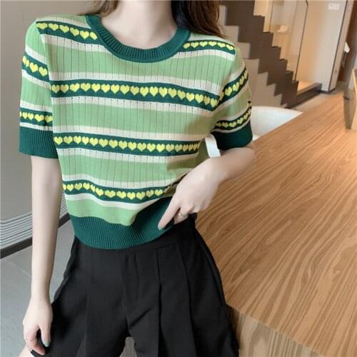 Summer Womens T-shirt Knitted Striped T Shirt Loose Top Women Short Sleeve T-shirt 2021 Woman Fashion Clothing