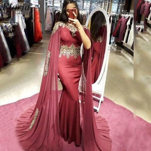 Middle East Burgundy Muslim Prom Dresses With Cape Gold Appliques Mermaid Evening Dresses Woman Party Night вечернее платье