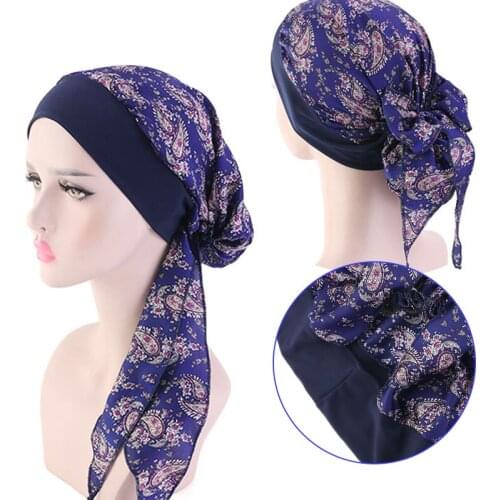 New Fashion Women Muslim Hijab Cancer Chemo Flower Print Hat Turban Head Cover Hair Loss Scarf Elastic Wrap Pre-Tied Bandana