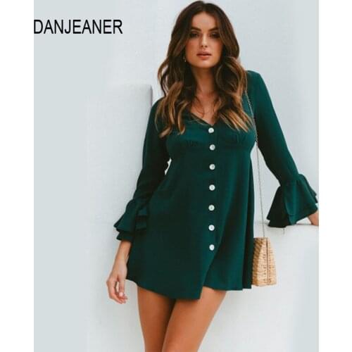 DANJEANER Spring Butterfly Sleeve V Neck Gree Dress Women Plus Size Elegant Party Dresses Fashion Button Above Knee Dress