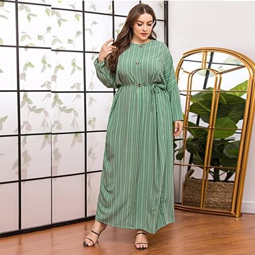 DOIB Green Striped Plus Size Dresses Batwing Sleeve Round Neck Loose Abaya Kaftan Islamic Dubai Muslim Autumn Maxi Dress