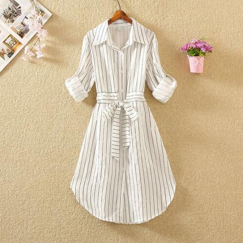 Dress Summer Spring Thin Office Shirt Dresses Midi Vintage White Black Blue Striped Short Long Sleeve Vestidos Lady Fashion