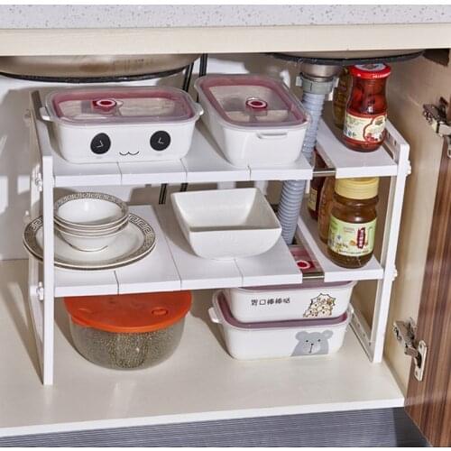 Flat Sink Under Storage Rack Kitchen Retractable Shelf Storage Rack Storage Shelf 2 Layer Pan Holder plastic and steel tube